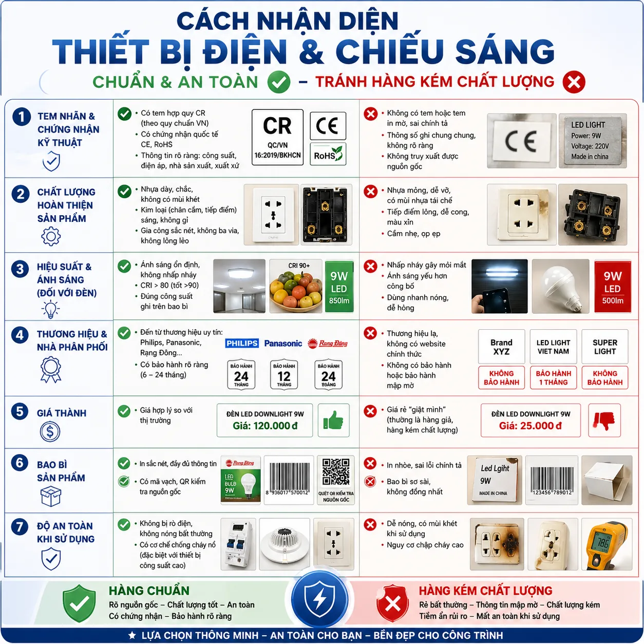 CÁCH NHẬN DIỆN THIẾT BỊ ĐIỆN & CHIẾU SÁNG CHUẨN – TRÁNH HÀNG KÉM CHẤT LƯỢNG